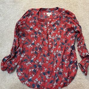 LOFT Red Floral Button-Up Blouse